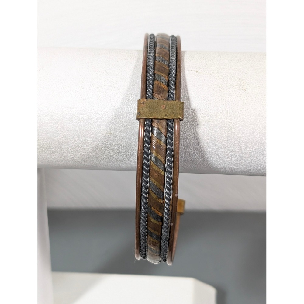 Vintage Tri Color Mixed Metal Cuff Bracelet Copper Brass Silver Tone 8"
